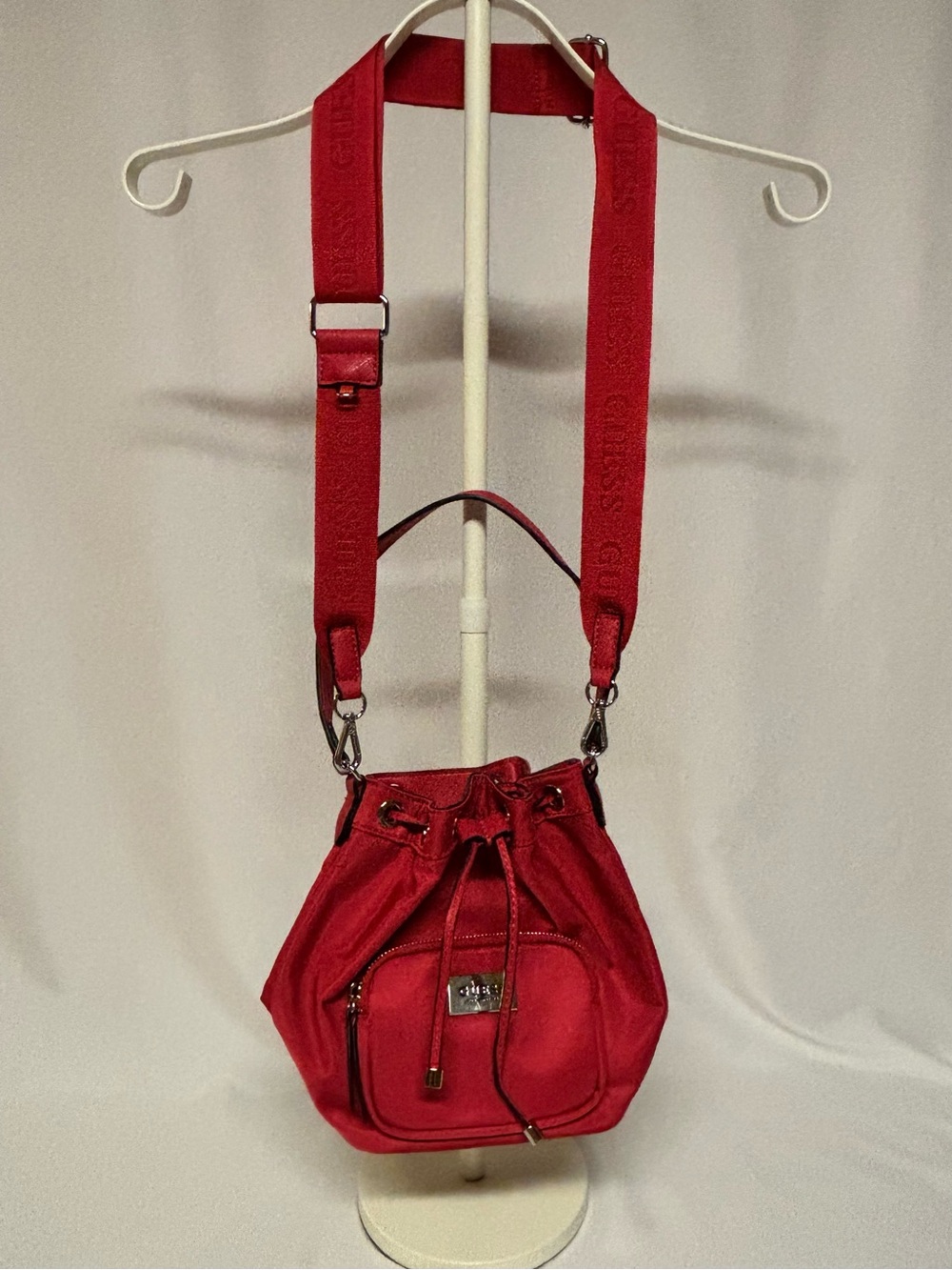GUESS Lina Vibrant Red Nylon Drawstring Bucket Crossbody Bag NWOT
